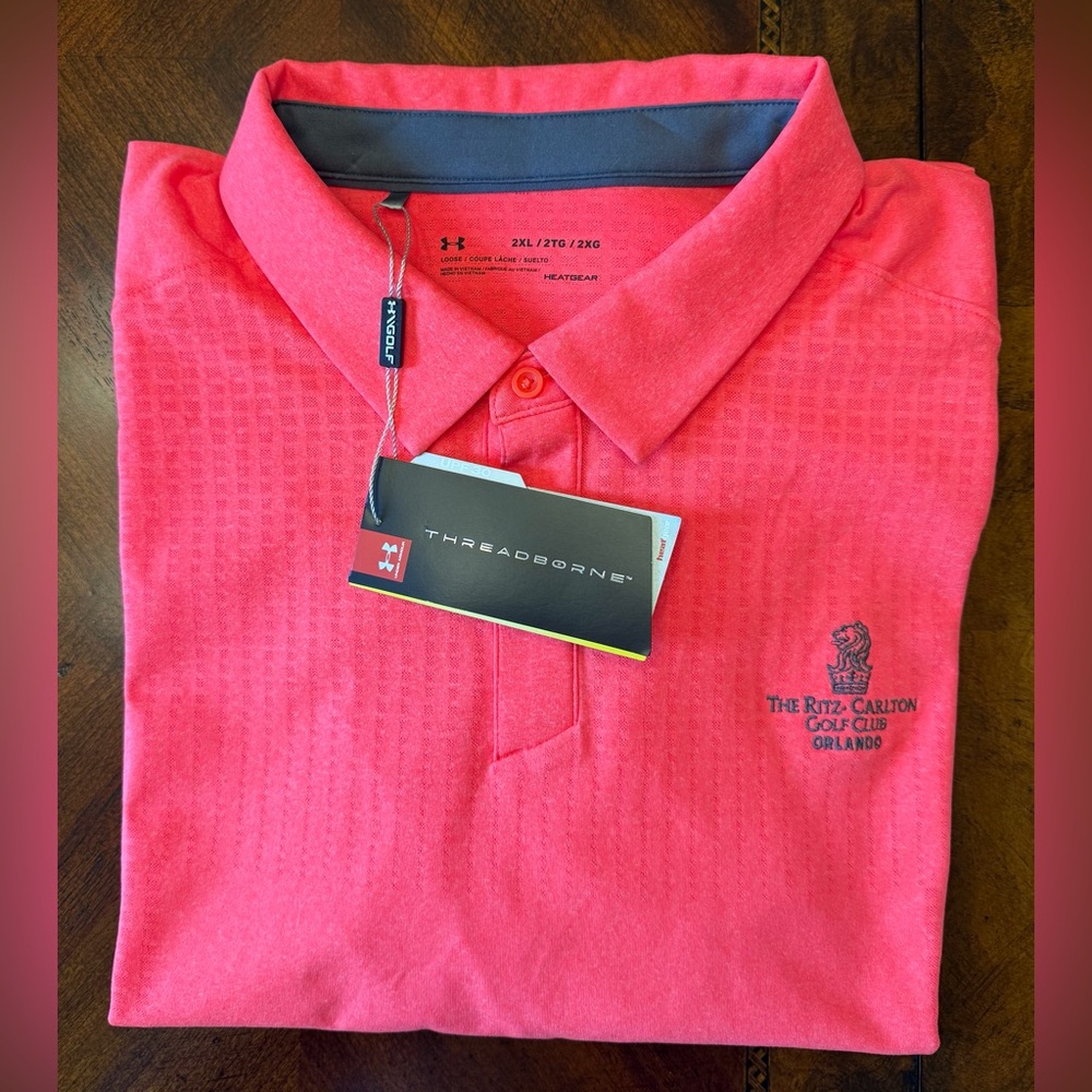 NWT Under Armour Coral Threadborne Polo with Ritz-Carlton Orlando Logo, XXL